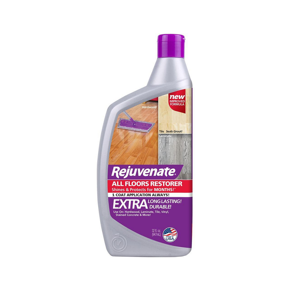 Rejuvenate All Floors Restorer 946 ml bottle, a mop-on gloss floor finish for laminate, vinyl, sealed wood and tile